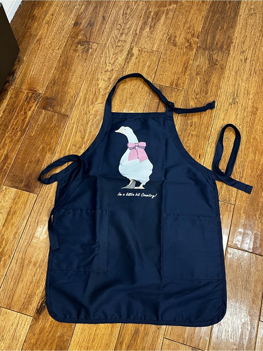 Source Unknown Navy Blue Kitchen Apron with White Duck and Pink Bow